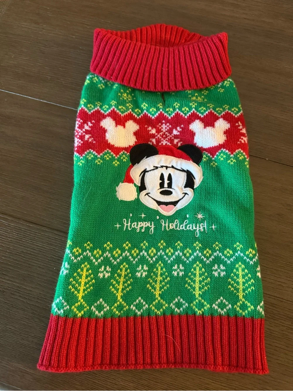 Disney Mickey Mouse Green and Red Holiday Knit Dog Sweater Medium